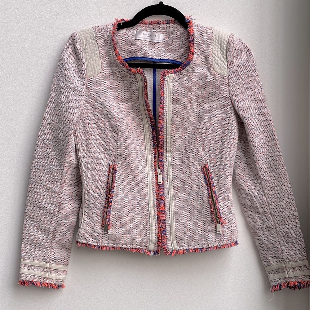Zara Neon Orange/Blue Zip-up Tweed boucle jacket - Picture 5 of 8